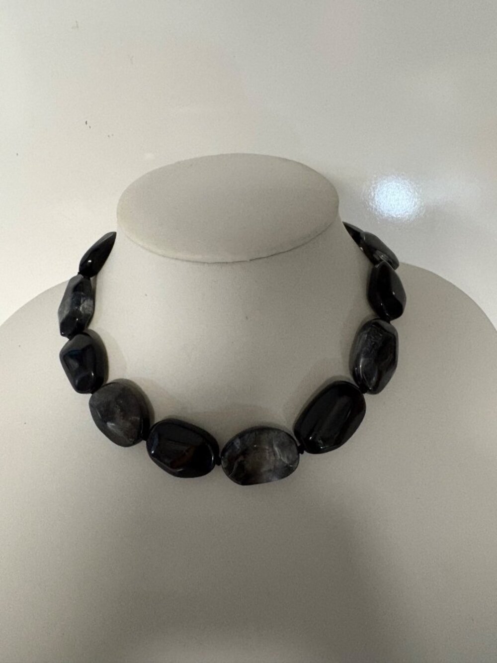 Chunky Black and Gray Silver Beaded Necklace 16 - 18 Inches Statement Jewelry